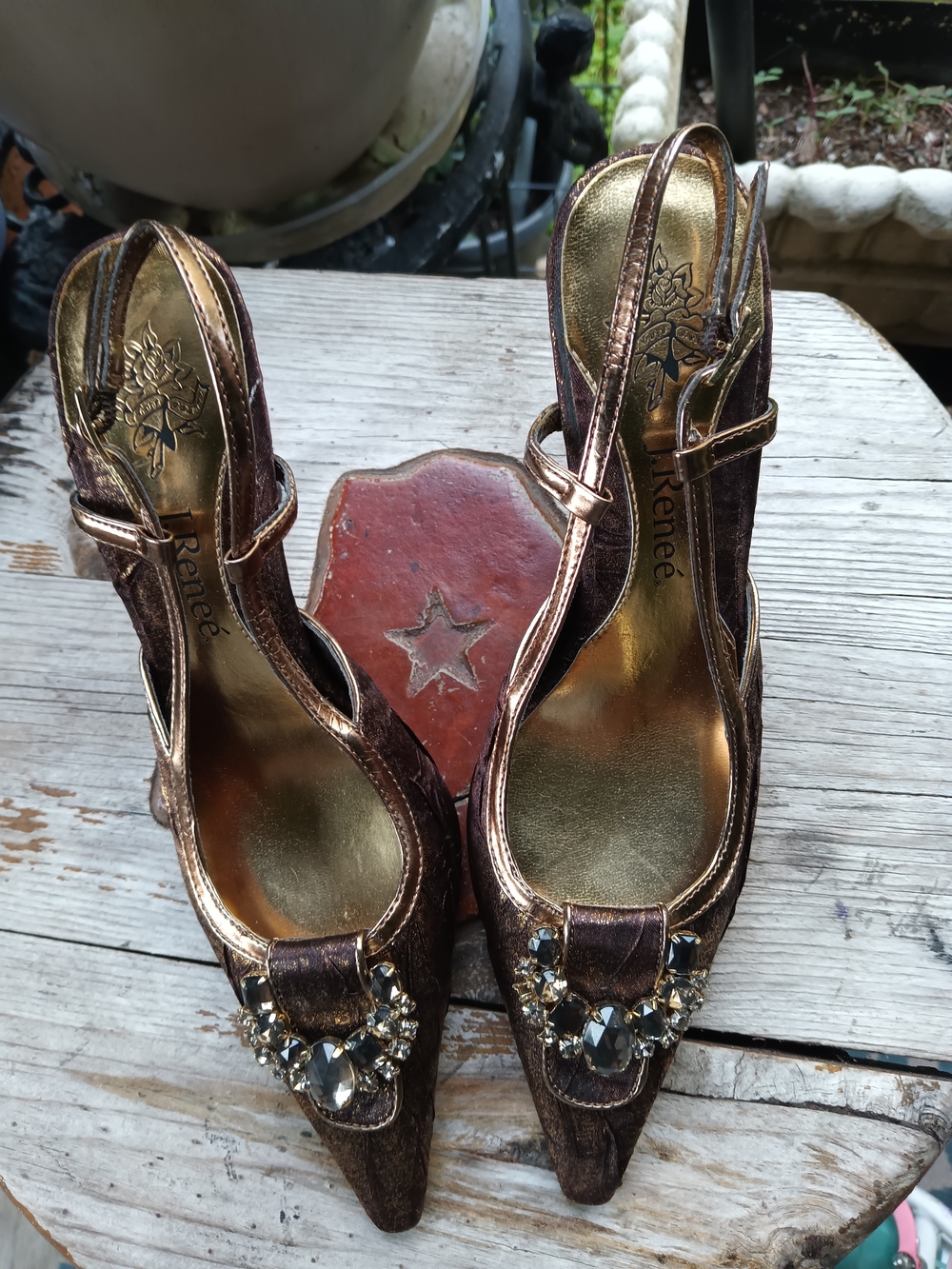 J.Renee Bronze Metallic Jeweled Pointed-Toe Slingbacks